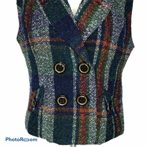 CAbi #908 Blue Plaid Wool Blend Dbl Breasted Vest - Picture 3 of 8